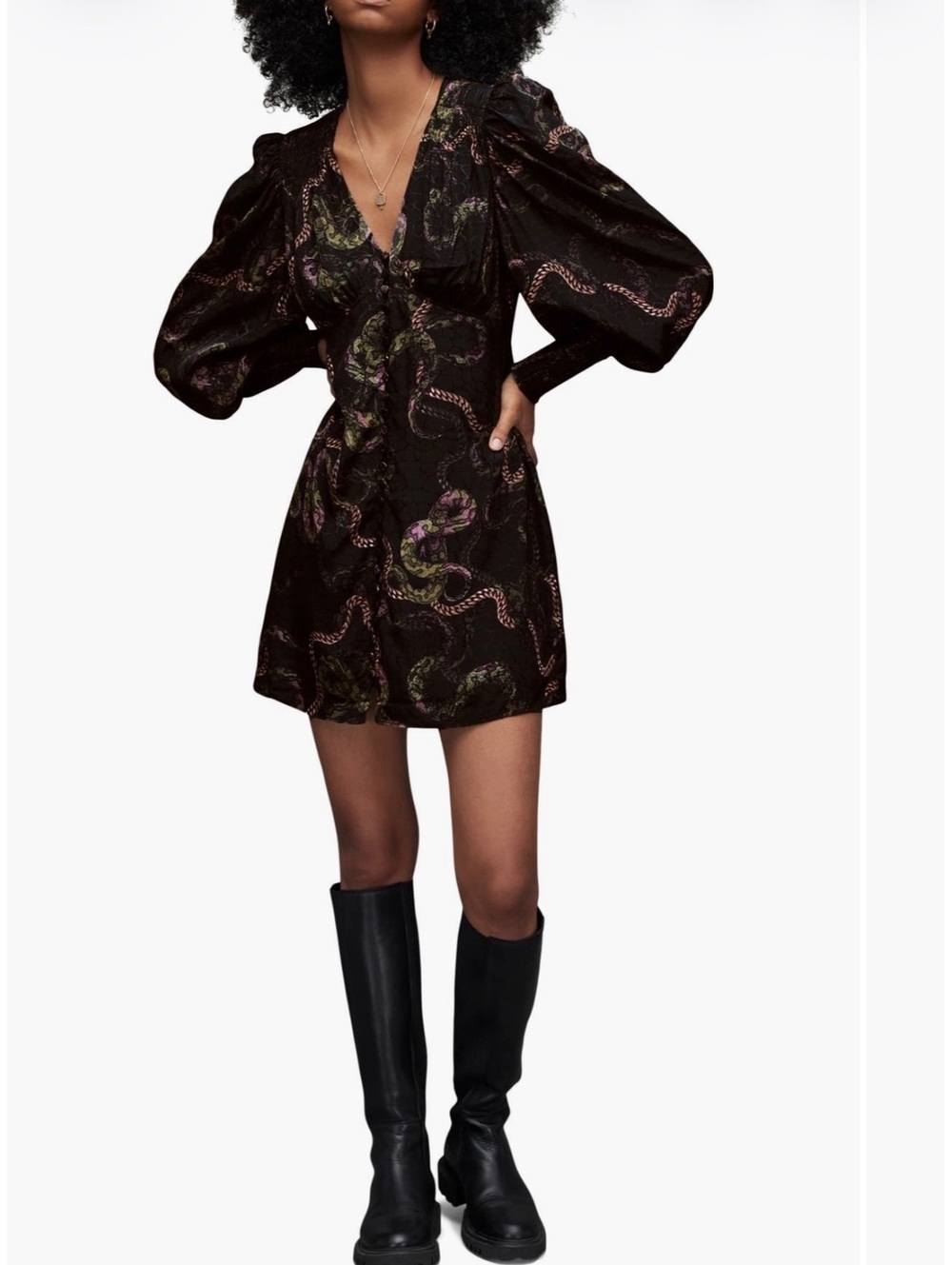 AllSaints Auden Tempest Black Green Chain Snake Print V-Neck Puff Sleeve Dress 4